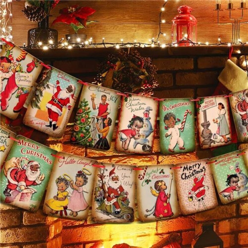 Black Santa Christmas Banner Vintage Retro Xmas Decor